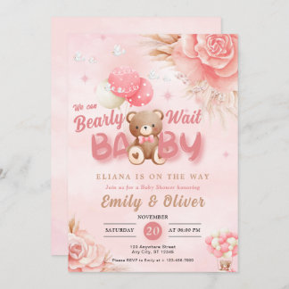Bearly Wait Pink Teddy Bear Invitación Baby Shower