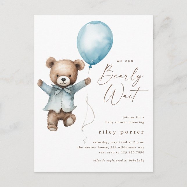 Bearly Wait Teddy Bear Boys Invitación Baby Shower (Anverso)
