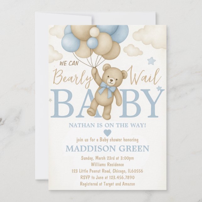 Bearly Wait Teddy Bear Invitación Baby Shower (Anverso)