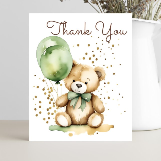 Bearly wait teddy green baby ducha tarjeta de agra (Sage green teddy bear baby shower thank you card cute teddy with green balloons gold sprinkles)