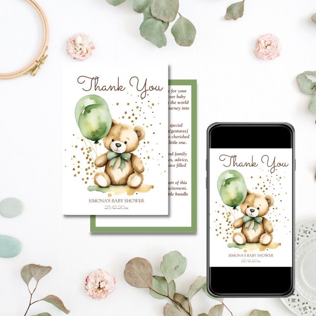 Bearly wait teddy green baby ducha tarjeta de agra (Bearly wait teddy bear sage green balloons baby shower thank you card editable template download)