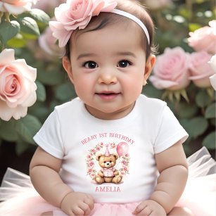 Beary 1er Chica de cumpleaños Camiseta bebé rosada