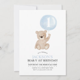 Beary 1er cumpleaños Invitación a globo azul de os