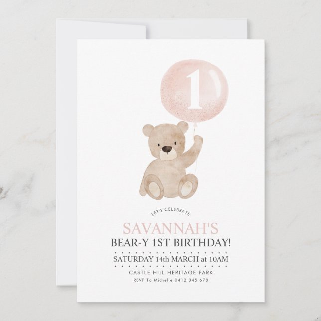 Beary 1er cumpleaños Invitación a globo rosa de os (Anverso)