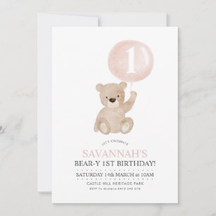 Beary 1er cumpleaños Invitación a globo rosa de os