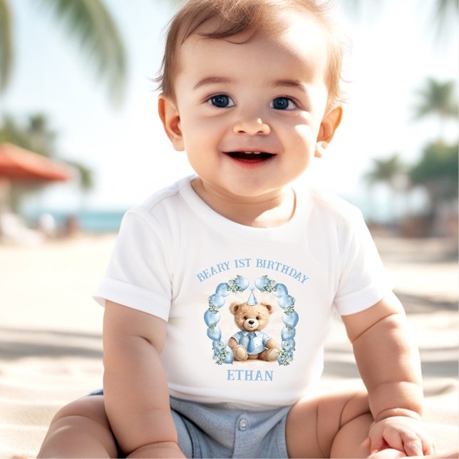 Beary 1er cumpleaños Oso Azul Beige Camiseta bebé (Beary 1st Birthday Bear Blue Beige Boy Baby T-shirt)