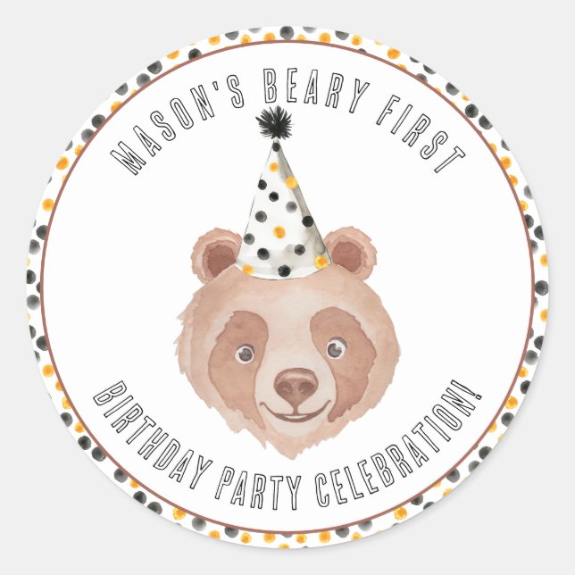 Beary First Birday Party Pegatina - Teddy Bear (Anverso)