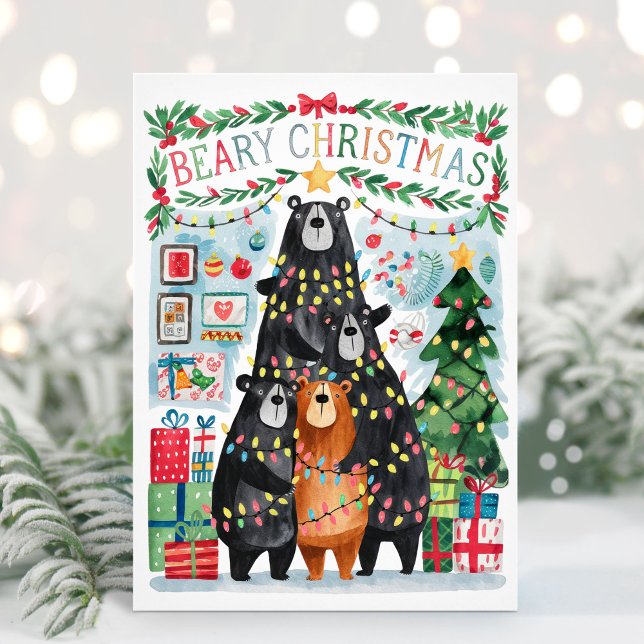 Beary Navidades Cuidadosa Tarjeta navideña de oso (Flat Beary Christmas Holiday Card - Personalize with your greeting and names.)