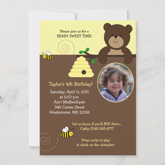 Beary Sweet Bear & Bee 5x7 Invitación de cumpleaño (Anverso)