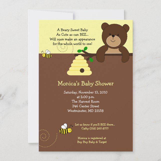 Beary Sweet Bear & Bee Baby Shower Invitación (Anverso)