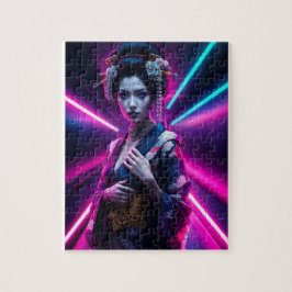 Beautiful Geisha Puzzle with Neon Background – Ele
