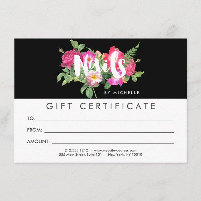 Beauty Florals Nail Salon Black Gift Certificado (Anverso)