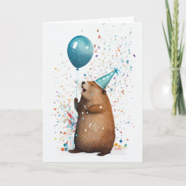 Beaver con tarjeta de saludo en globo azul