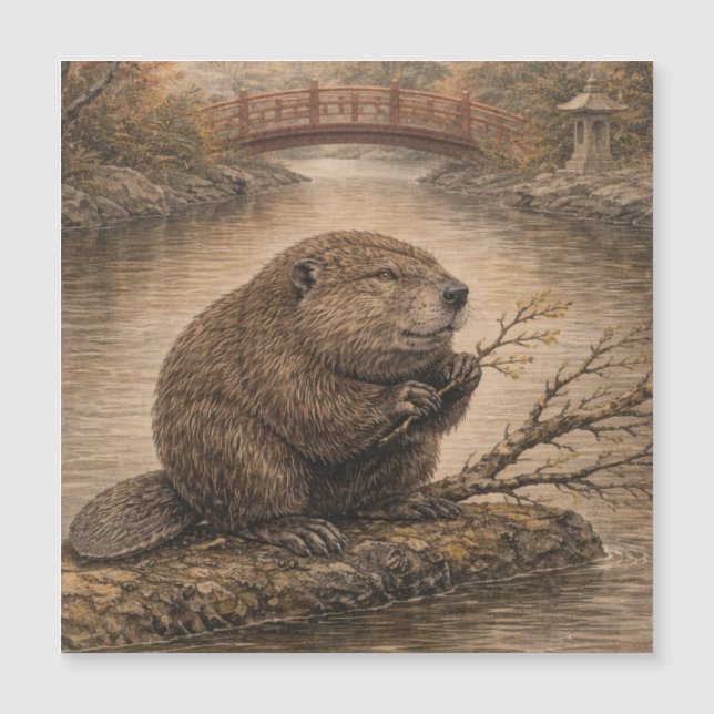 Beaver Japanese Landscape Magnet Card (Anverso)