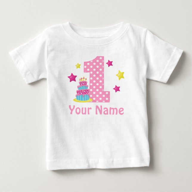 Bebé 1.ª tarta de cumpleaños camiseta rosa personalizad (Anverso)