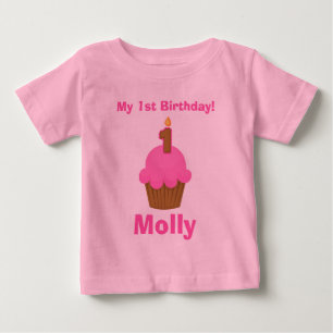 Bebé 1.ᵉʳ pastel rosado con velas de la camiseta de cum