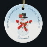 Bebé 1 Navidades Ornamento de Snowman<br><div class="desc">Primer adorno navideño con Joyful Snowman y camión rojo con árbol de Navidad y regalos.</div>