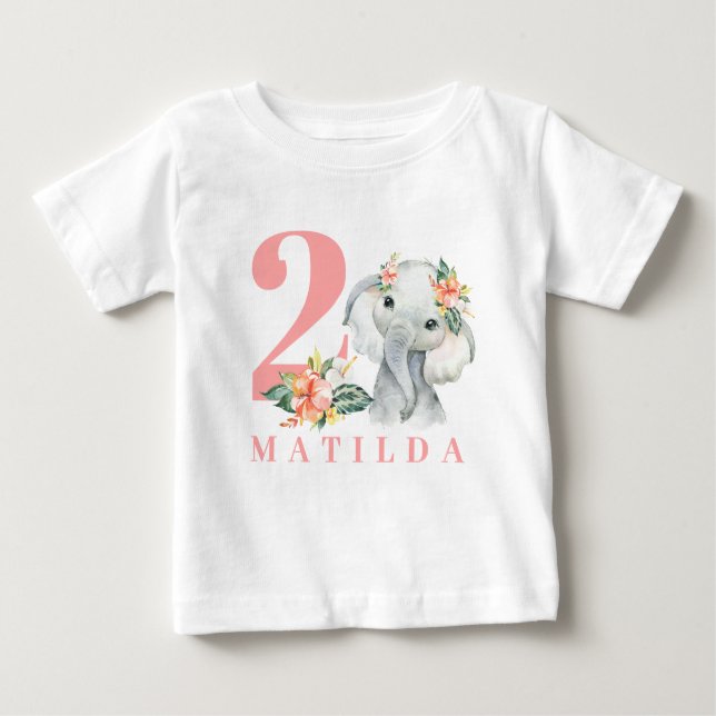 Bebé 2.ª camiseta floral elefante de cumpleaños (Anverso)