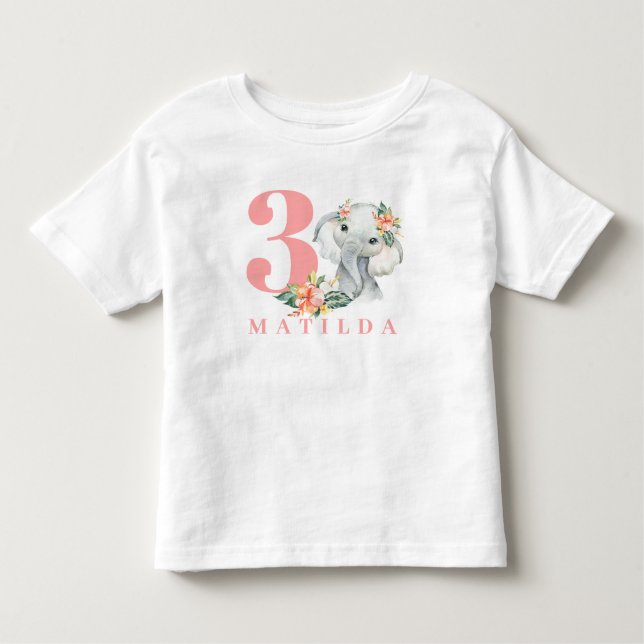 Bebé 3.ª camiseta floral de elefante de cumpleaños (Anverso)