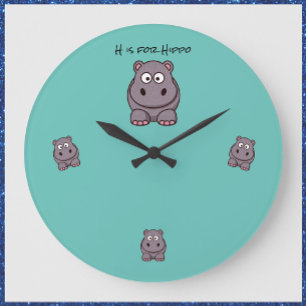 Bebé Adorable Hippo Verde azulado Reloj de pared a