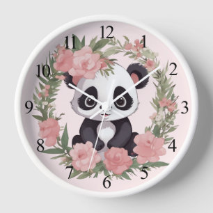 Bebé Adorable Panda Oso con Reloj de pared de flor
