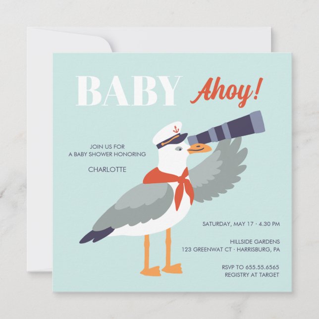 Bebe ahoy invitación a una ducha de bebé con gavio (Anverso)
