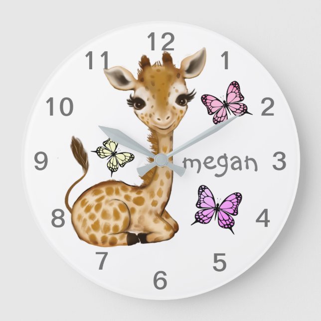 Bebé Animal Giraffe Mariposa Reloj de pared de gua (Anverso)
