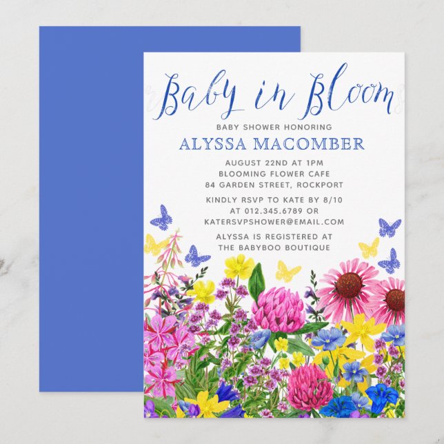 Bebé azul en la invitación floral a Baby Shower en (Anverso / Reverso)