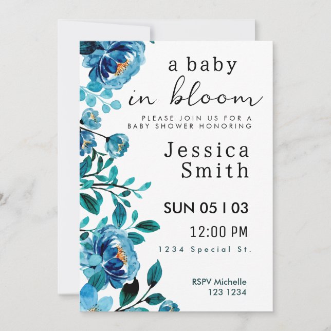 Bebé azul en una invitación de Baby Shower en flor (Anverso)