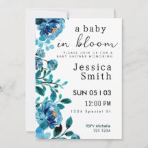 Bebé azul en una invitación de Baby Shower en flor