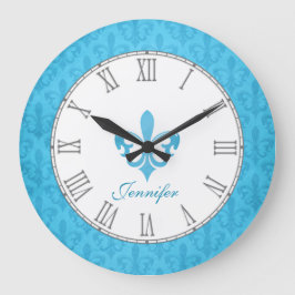 Bebé azul fleur de lis damask nombre reloj de pare