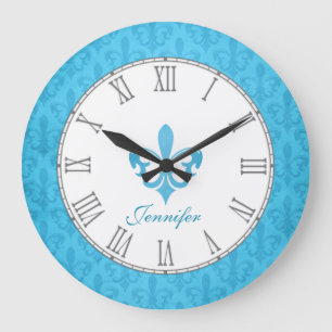 Bebé azul fleur de lis damask nombre reloj de pare
