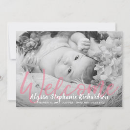 Bebé B&W foto rosa bienvenida anuncio de nacimient