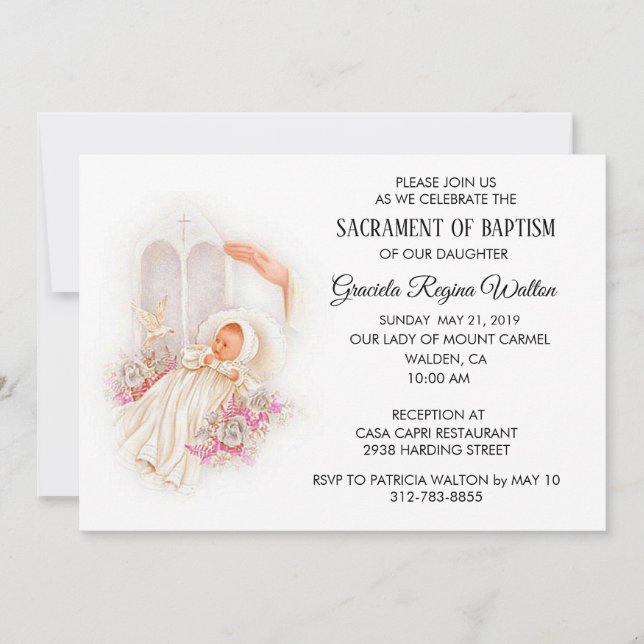 Bebé Baptismal Chica Flores Rosa Invitación (Anverso)