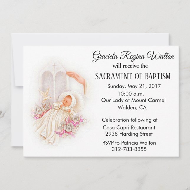 Bebé Baptismal Chica Flores Rosa Invitación (Anverso)