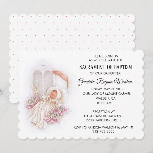 Bebé Baptismal Chica Flores Rosa Invitación (Anverso / Reverso)