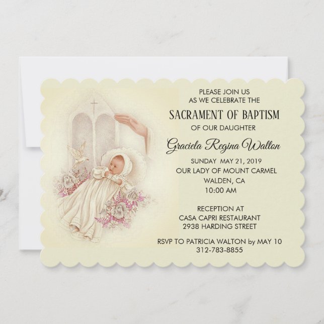 Bebé Baptismal Chica Flores Rosa Invitación (Anverso)
