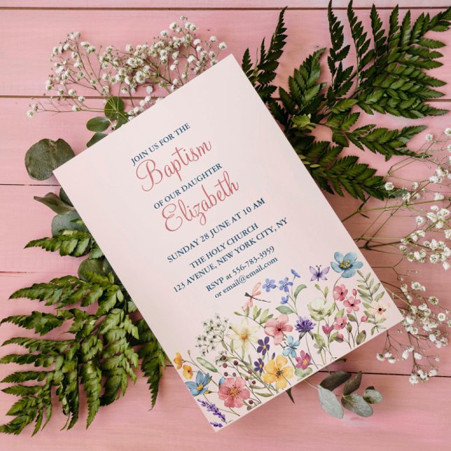 Bebé Baptismo Acuarela Invitación Floral (Baby Girl Baptism Watercolor Floral Invitation)
