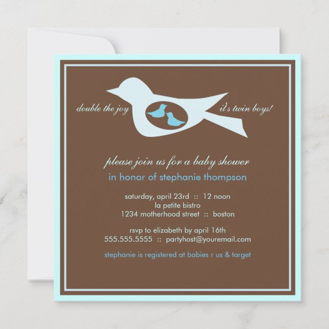 Bebé Birdie Twin Boys Blue Baby Shower Invitación (Anverso)