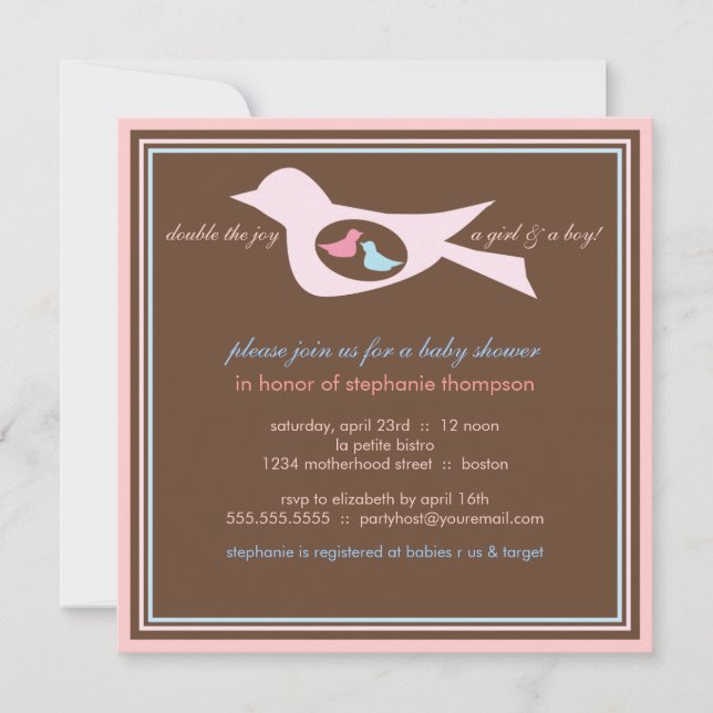 Bebe Birdie Twins Pink Blue Invitación a Baby Show (Anverso)