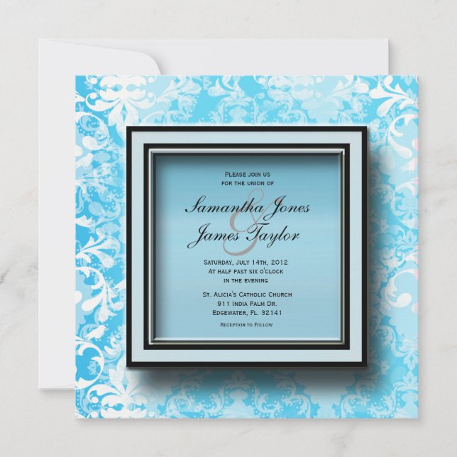Bebé Blue Damask Elegante Invitación a la Boda Vin (Anverso)