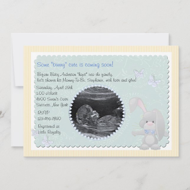 Bebe Bunny Blue Photo Baby Shower Invitación (Anverso)