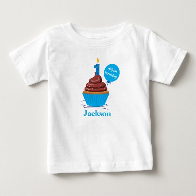 Bebé Camiseta azul de cumpleaños con cupcake personaliz (Anverso)