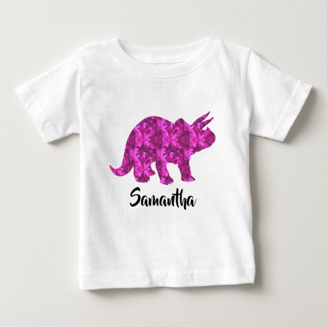 Bebé Camiseta Chica personalizada de dinosaurio rosa br (Anverso)