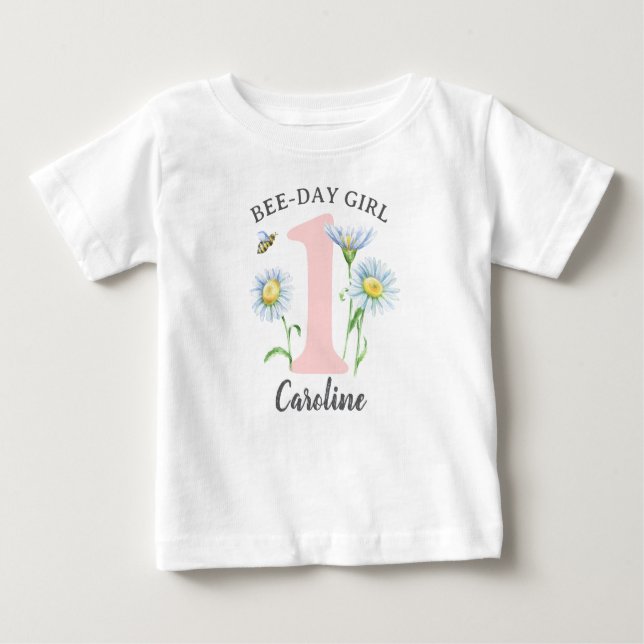 Bebé Camiseta de Bee-Day Girl con rosado y margaritas (Anverso)
