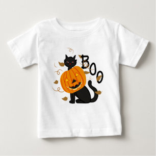 Bebé Camiseta de calabaza de Halloween para gato negro