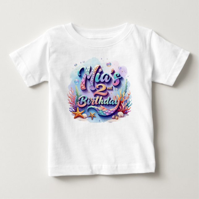 Bebé Camiseta de cumpleaños de sirena: nombre y edad pe (Anverso)