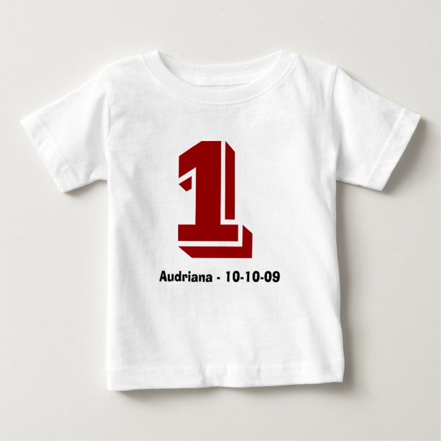 Bebé Camiseta de edad y nombre rojo y negro (Anverso)