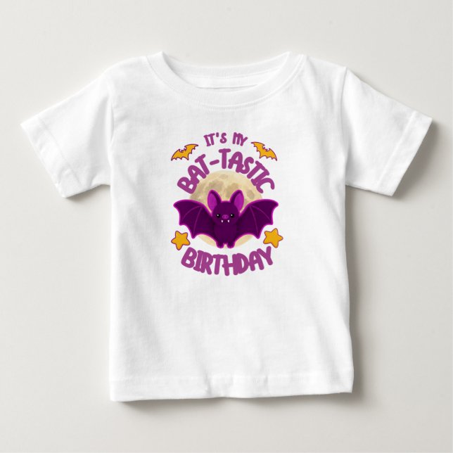 Bebé Camiseta de Halloween de cumpleaños Bat-tástica (Anverso)