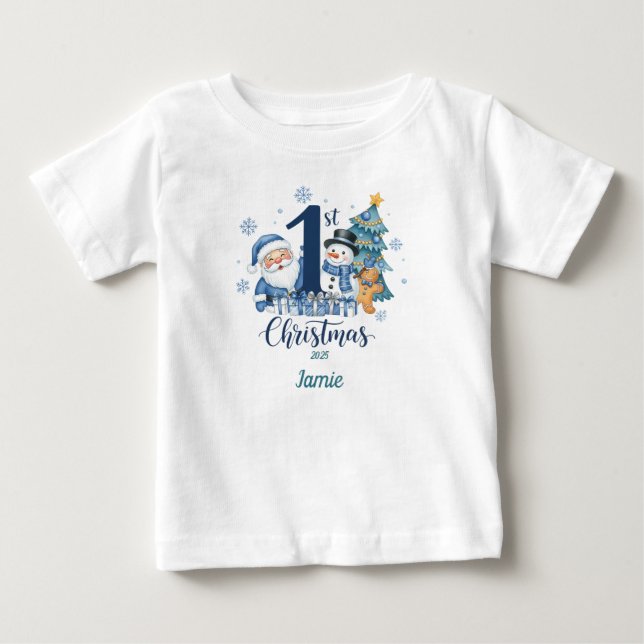 Bebé Camiseta de Navidad 1ª azul personalizable (Anverso)